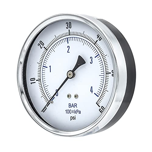Dry Center Back Mount Pressure Gauge with 4.5" Dial, 0-60 PSI, 1/4" Male NPT Connection, Chrome Bezel, Brass Internals and Plastic Lens (1)