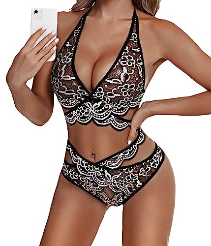 Ensemble lingerie érotique transparente ajourée sous-vêtement sexy femme