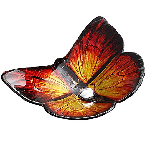 HAVVMK Bathroom Vessel Sink Set, Butterfly-shaped personalized Tempered Glass Washbasin,Countertop Bathroom Basin with Waterfall Faucet (Red C)