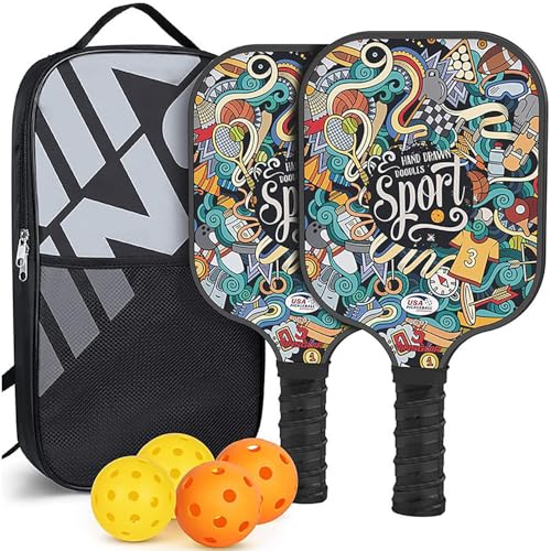 Pickleball Paddles Set of 2, Fiberglass Lightweight Pickle Ball Rackets 2 Pack with 2 Outdoor Pickleball, 2 Indoor Pickleball Balls, 1 Pickleball Bag, Pickleball Paddle Gifts for Beginners & Pros