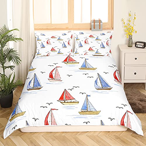 Sailboat Bedding Set Seagull Comforter Cover for Kids Boys Girls Teens Nautical Duvet Cover Ocean Marined Breathable Bedding & Linen Summer Holiday Bedding & Linen Double Size - Image 3