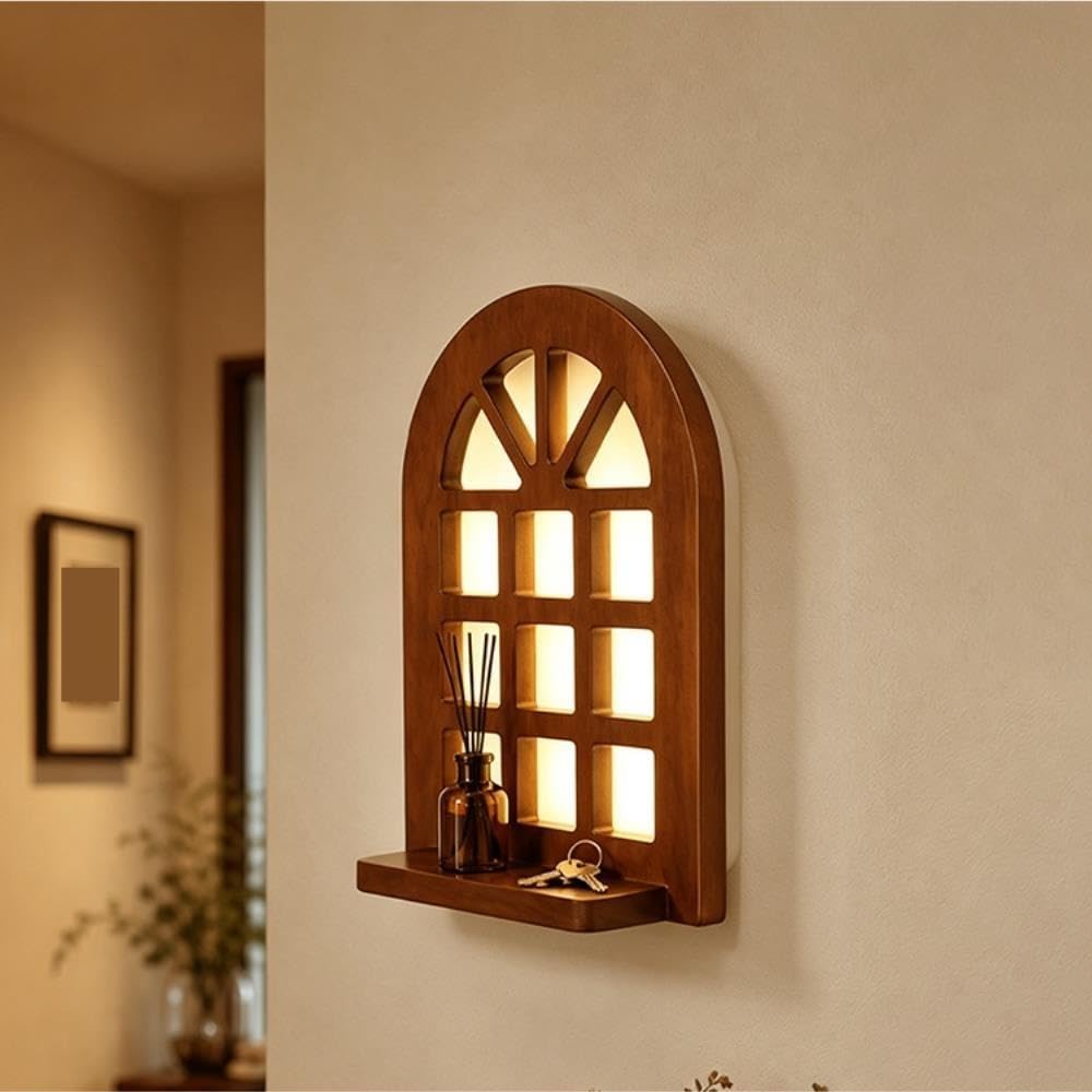 Lampada da parete con finestra ad arco della metà del secolo, luce | Metà del secolo, finestra ad arco, legno, mensola, applique da parete a LED