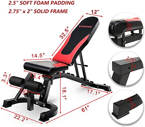 Vanswe Weight Bench, Adjustable Workout Bench Press 800Lbs Flat Incline Decline Utility Bench Sit Up Exercise Bench For Home Gym Strength Training Full Body Workout (Red) #TOP3