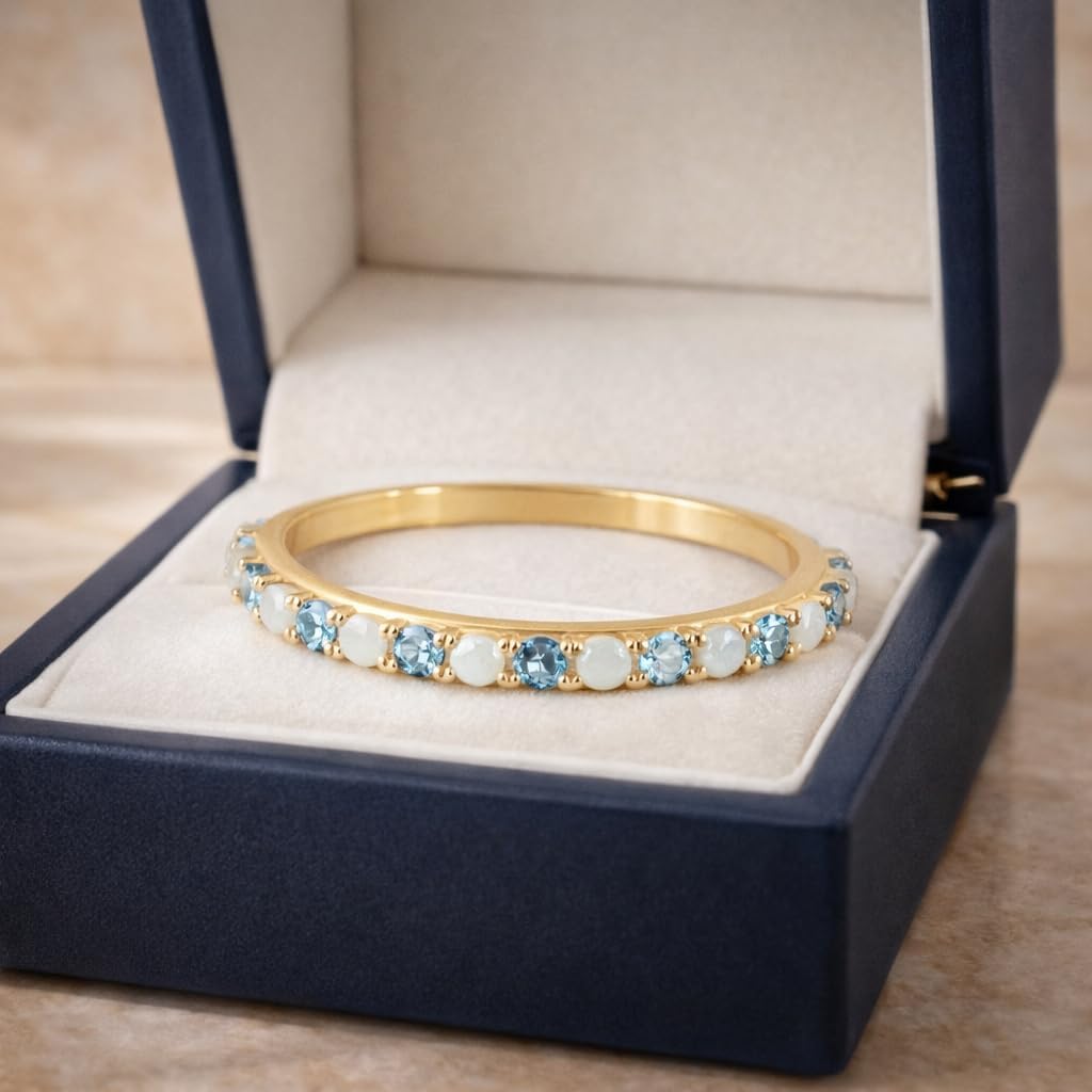 Round Cut Aquamarine and Opal Wedding Band 14K Yellow Gold Half Eternity Stackable Ring Minimalist Anniversary Promise Jewelry Gift for Her