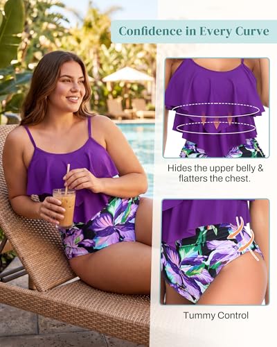 Image of Bathing Suits for Women High Waisted Swimsuits Tummy Control Two Piece Tankini Ruffled Top with Swim Bottom Bathing Suits