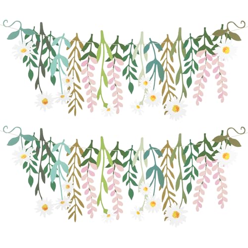 Image of Yeaqee 2 Pcs Flower Banner Garland Cute Double-Sided Waterproof Spring Floral Birthday Party Decoration Paper Backdrop for Wedding Baby Shower(Daisy,White)