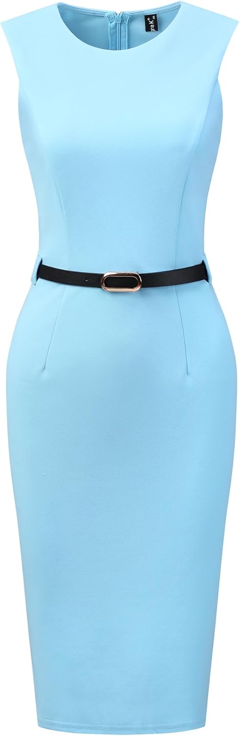 Allegra K Work Dress for Women's Sleeveless Office Round Neck Belted Business Pencil Dresses