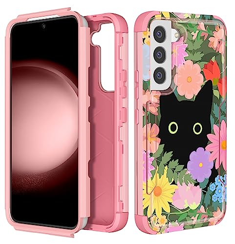 Plakill for Samsung Galaxy S22 Case - Women Cute Girls Phone Cover Cool Aesthetic Unique Design Teen Kawaii Cat Flower Heavy Duty Protective Hard Shockproof Military Grade Funda for Galaxy S22