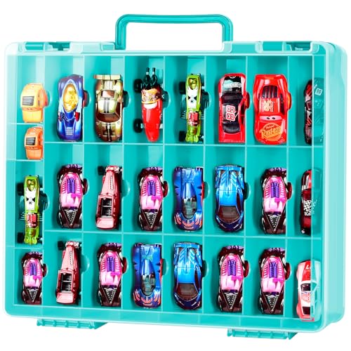 FULLCASE Toys Organizer Storage Compatible with Hot Wheels Car, Container for Matchbox Cars, Mini Toy, Small Dolls, Double Sided Carrying Box for Hotwheels - 48 Compartments (Case Only) Blue