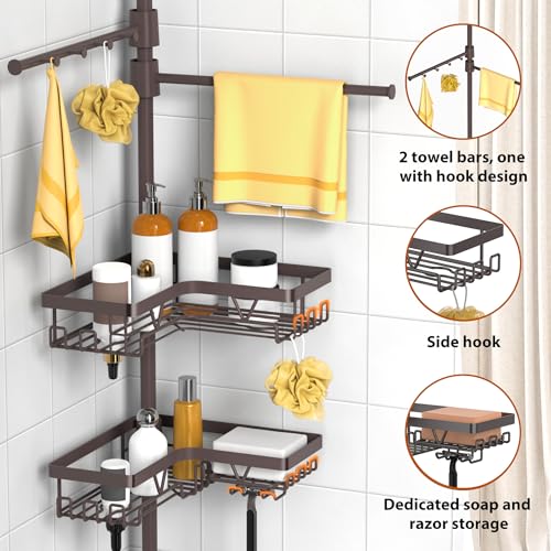 Image of KEGII Shower Caddy Tension Pole with 2 Towel Bars, Adjustable Corner Bathroom Organizer, Rustproof Bathtub Storage Shelves for Shampoo, 25-114.2 Inch Shower Corner Rack for Renters & Family, Bronze