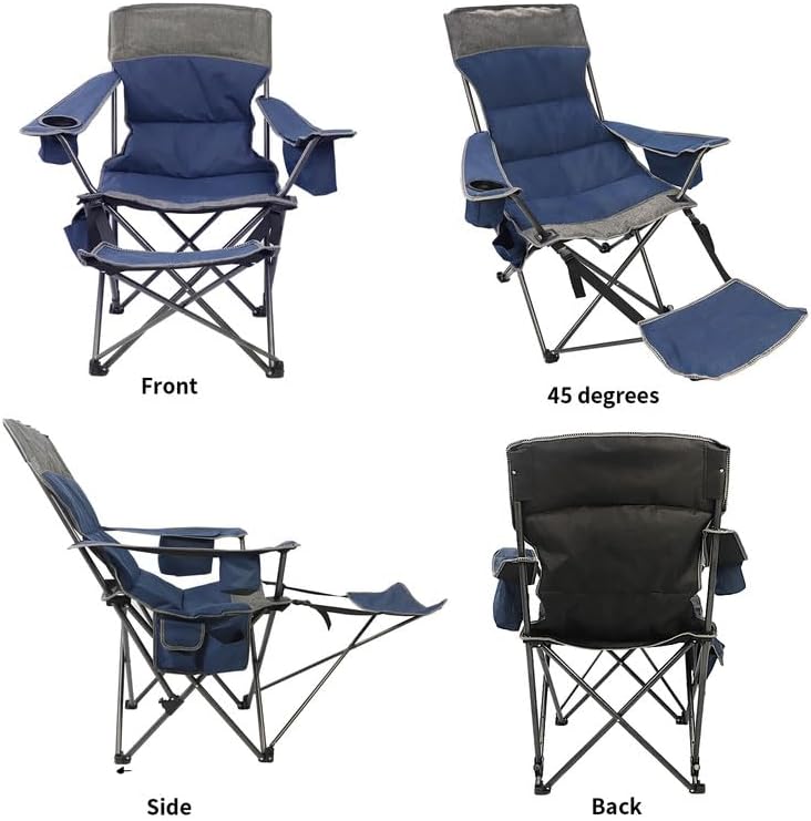 Miniatura 5 de Silla plegable de camping con reposapiés extraíble, silla reclinable de 3 ajustes con bolsa enfriadora, portavasos para exteriores, playa, viajes,