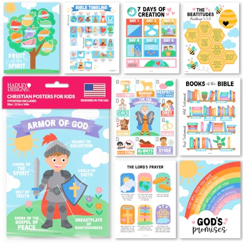 Image of Hadley Designs Sunday School Decorations for Classroom -9 Bible Posters for Kids, Books of the Bible, 10 Commandments, Bible Timeline Chart, Fruits of the Spirit, Pastel Christian Classroom Decor