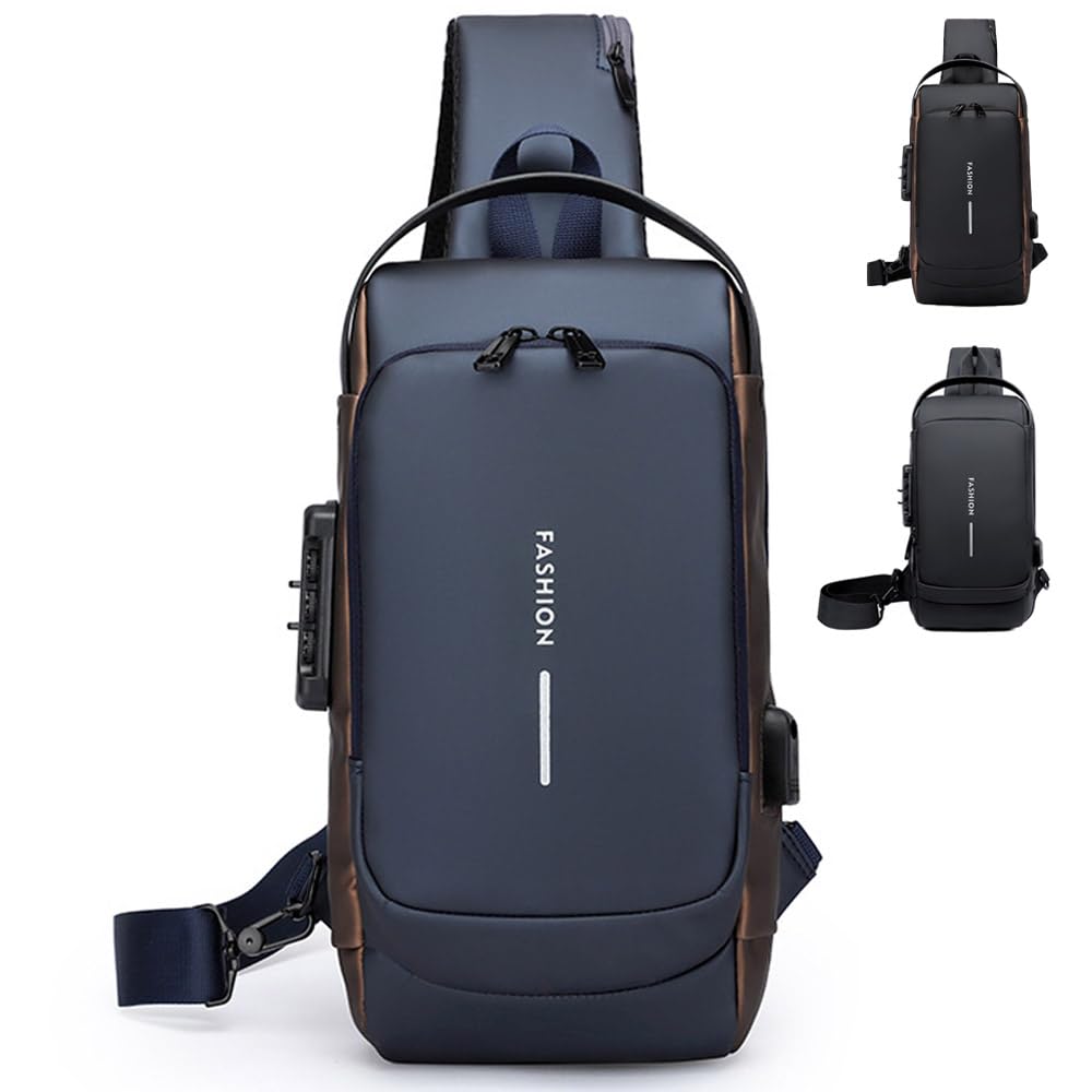 Travel Sling Bag Waterproof Crossbody Bag with Combination Lock Anti-Theft PU Leather Chest Bag with USB Charging Hole Shoulder Backpack Blue, Blue, Medium, Crossbody Bag-image-13