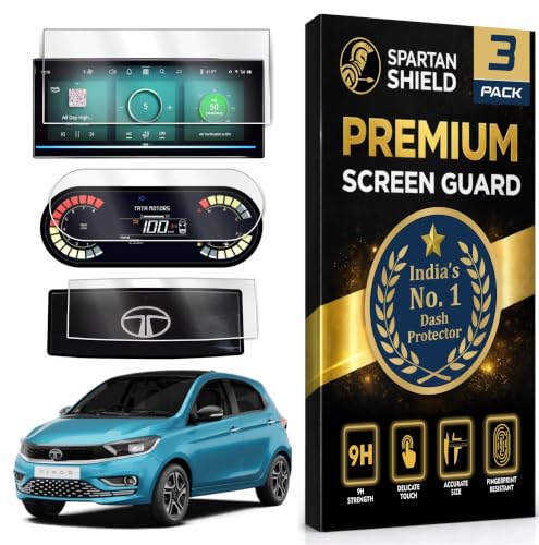 Image of SPARTAN SHIELD [3 PACK] Screen Guard For TATA TIAGO 2025 Facelift || XZ & XZ+ || 10.25 Inch Infotainment [Thin Corner] + 4-inch Instrument Cluster + Steering Panel Protector || Anti Scratch | Water Resistant | HD Clear | High Touch Sensitivity | TataTiago 9H Car Display Accessories [Not Tempered Glass] [Not Compatible with New 2026 Facelift Model]