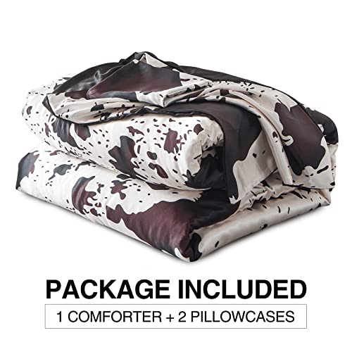 Aimuan Brown Cow Print Comforter Satin Luxury Silk Like Satin Silky Cozy Quilt Set Super Soft Cartoon Bedding Sets With 2 Matching Pillow Covers (Cream-Coffee, King) #TOP4