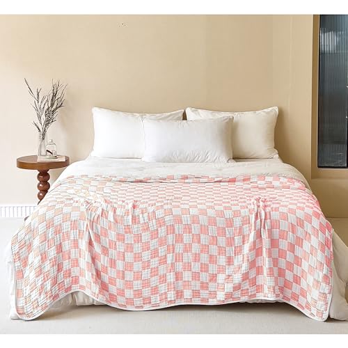 Image of SANACYNA Muslin Blankets 100% Cotton 6-Layer Gauze Pink Cooling Blanket Lightweight Soft and Breathable Swaddle Blanket for Sofa Bed Both Sides (Pink Checkerboard, Baby 30 inchx40 inch)