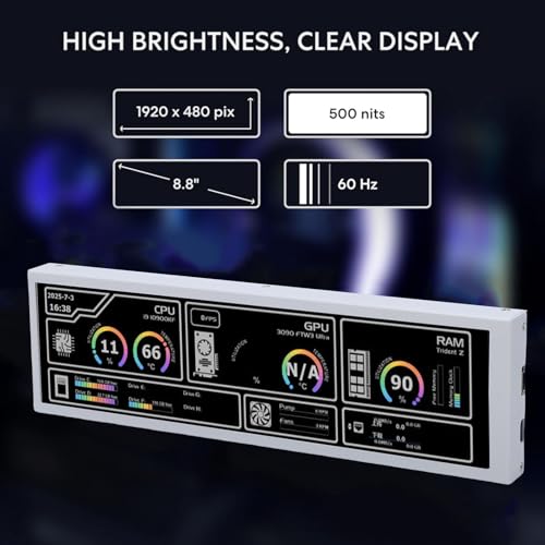 Image of ciciglow 8.8 Inch Computer Secondary Screen, PC CPU GPU Temperature Monitor with 178 1920x480 LCD Display for Computer Case RAM HDD Data Monitor