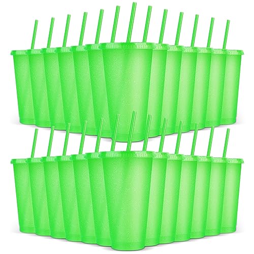 LEIFEOSH 24 Pack Plastic Tumblers With Lids and Straws, Reusable Colorful Cups for Parties, Birthdays, Iced Coffee, Travel Mug, Cold Drinks (24 oz, Green)