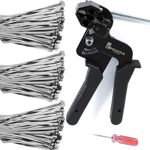 Metall-Kabelbinder- und Kabelbinder-Werkzeug-Set, 30 cm, 304 SS, robuste, selbstsichernde Kabelbinder und Edelstahl-Bindepistole für Auspuffwickel, Zäune, Rohre, Kettenglieder (300 Stück + Werkzeug
