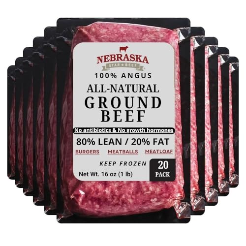 Nebraska Star Beef All Natural Angus 80/20 Ground Beef - 20-1lb Packages- ground beef, frozen...