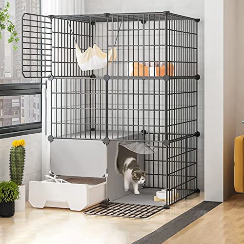 猫用ケージ 室内用 大型 トイレ付き ワイヤーキャットケージ 折りたたみ式キャットケージ ポータブルモルモットケージ 樹脂製フットパッド付き - ブラック/イエロー - 10サイズ(Black-b-75-49-109cm)