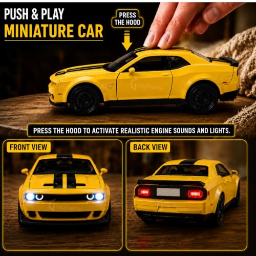 Image of GRAPHENE 1:32 Scale Challenger Style Die Cast Muscle Sports Car Toy Metal Alloy Pull Back with Openable Doors Light & Sound Miniature Pull Back Racing Vehicle for Kids Boys Girls Age+3 (Yellow)