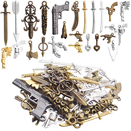 Weapons Charms Bulk, 100Gram(About 20-40pcs) Assorted Weapons Charm Gun Arrow Sword Axe Arms Pendant Collection Jewelry Making Accessaries for DIY Necklace Bracelet Earrings