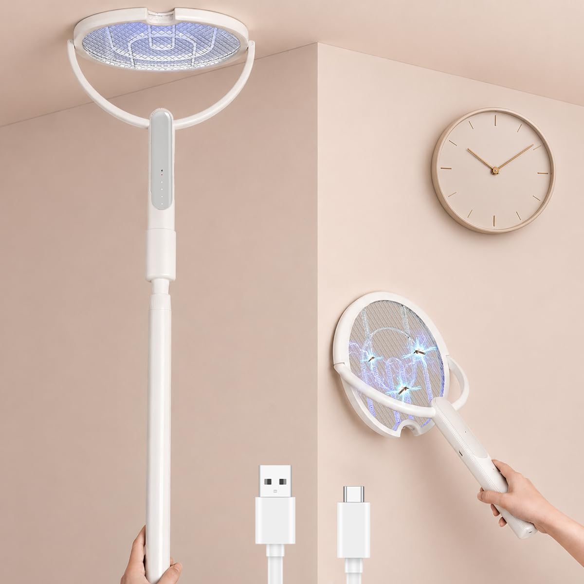 Photo 1 of (2pack) Rotating Head Electric Fly Swatter Racket, Bug Zapper Indoor with Long Telescopic Extension 4000V USB Rechargeable Mosquito Zapper Killer with Charging Base, 3 Modes Automatic & Manual
