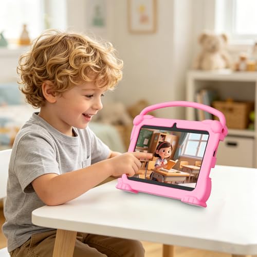 Image of Kids 7 inch Android 12 Tablet - 4GB RAM, 32GB ROM, 1TB Expandable, Toddler Shockproof Case, Parental Control, 1024 * 600 IPS Screen, 3000mAh Battery, Educational & Games, Pink