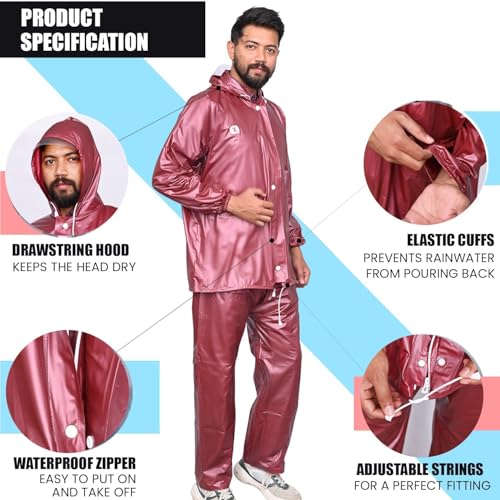 Image of HACER Wood Raincoat Set with Drawstring Hem Adjustable Hood & Pants Rain Gear Wet Weather Protection Rainsuit with Carrying Pouch