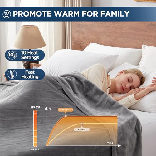 Westinghouse Electric Blanket King Size, Super Cozy Soft Flannel 100"" x 90"" Heated Blanket with 10 Fast Heating Levels & 1-12 Auto-Off, Machine Washable, ETL&FCC Certification, Light Grey