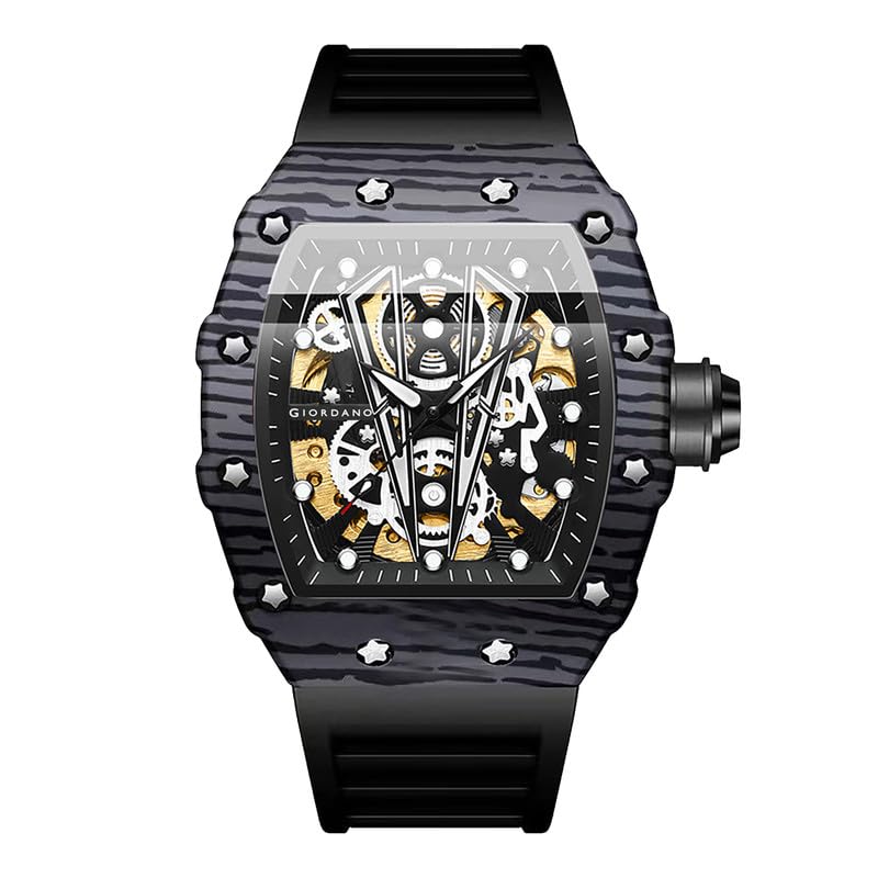Giordano Automatic Square Watch for Men with Skeleton Design, Rugged Textured Case, Luminous Hands, and Silicone Strap Giordano Automatic Square Watch for Men with Skeleton Design, Rugged Textured Case, Luminous Hands, and Silicone Strap