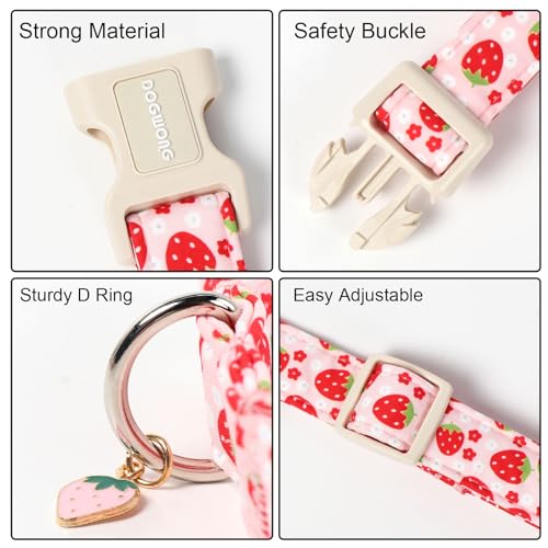 DOGWONG Erdbeer-Hundehalsband, Rosa Erdbeer-Hundehalsbänder, Verstellbares Designer-Halsband mit Erdbeeren und Blumen für Kleine, Mittel und Große Hunde, S