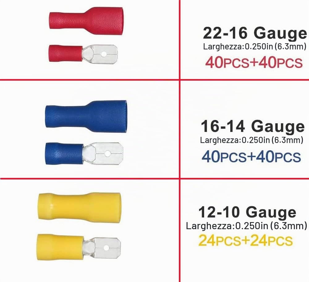 RUNCCI-YUN 208Pezzi connettori per cavi,Terminali a Crimpare Kit,Connettori elettrici,Maschio e Femmina Isolati Capicorda Elettrici Crimp, Rosso, Giallo, Blu