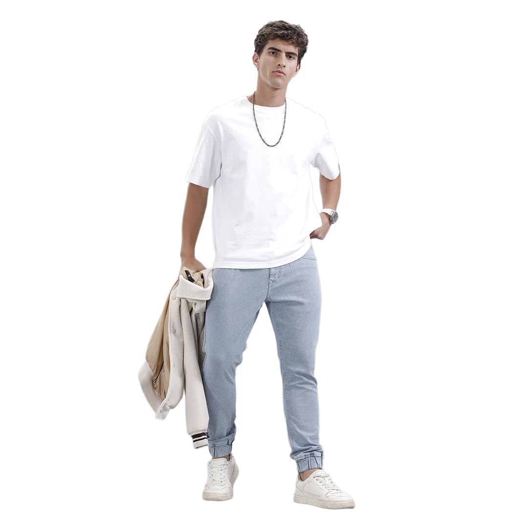 wrogn Men's Cotton Blend Jogger Fit Jeans | Light Blue Solid | Slim Fit-picture-10