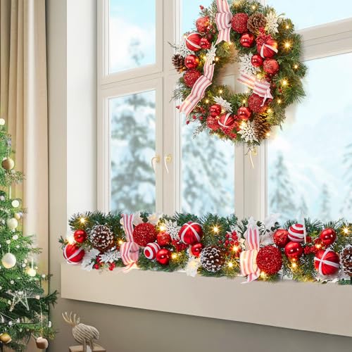 24 in Pre-Lit Christmas Wreath for Front Door, Artificial Christmas Wreath with 20 Led Lights and Timer, Xmas Wreath with Red Berries, Pine Cones, Ball Ornaments for Holiday Decor