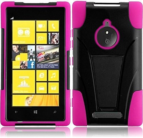 ATUS® Nokia Lumia 830 T-Stand Impact Kickstand Hybrid Double Layer Fusion Cover Case+ Free Premium Screen Protector and Ultra-sensitive Stylus Pen (Black/ Pink)