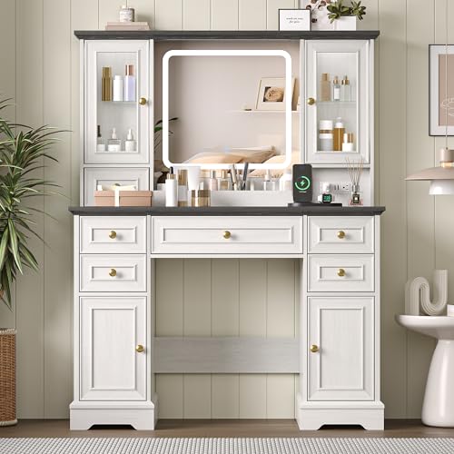 Image of Makeup Vanity Desk with Mirror and Lights, Farmhouse Vanity Table Set with 6 Drawer&Charging Station, Makeup Table with RGB Cabinets, White Vanity with Lighted Mirror for Girls Women, 3 Light Modes