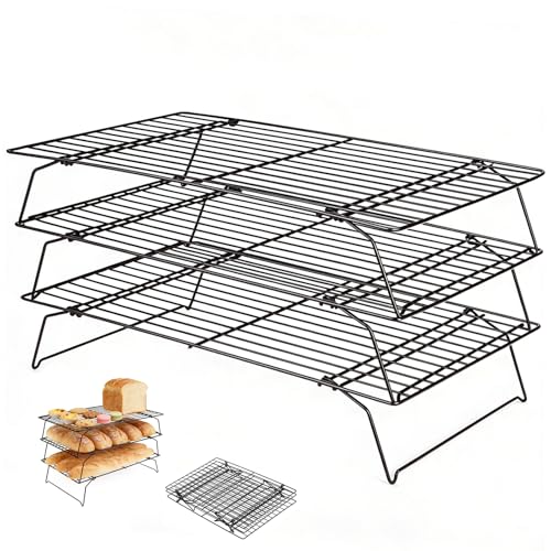 Grille de Refroidissement Patisserie 3 Niveaux en Acier au Carbone Antiadhésive - 40 x 25 cm, Pliable et Empilable, Gain de Place - Patisserie Accessoire pour Sécher, Refroidir Les Gâteaux et Biscuits
