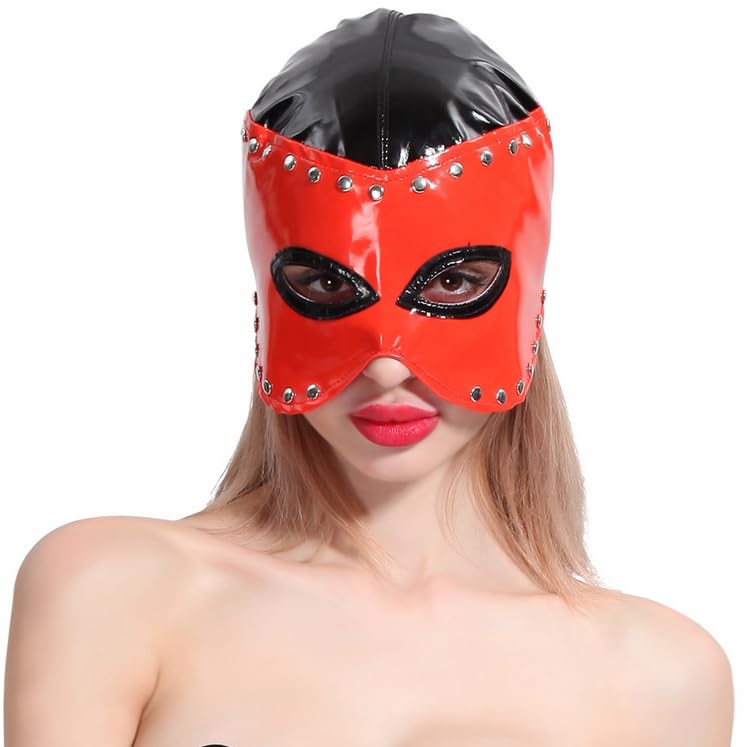JNGUOSICN PU Leather Mask Full Cover Hood Masks Opened Mouth Show Eyes Face Mask Cosplay Costume Hood Headgear Wet Look Role Play Headwear for Couple Game Party Carnival