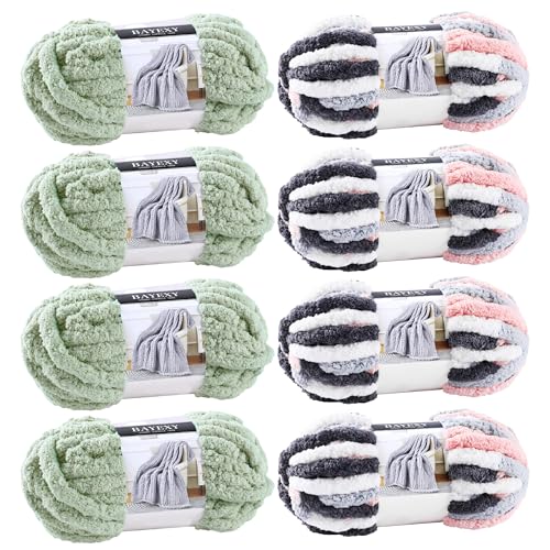 Image of Chunky Chenille Yarn for Hand Knitting 8 Jumbo Pack Jumbo Chunky Yarn for Hand Soft Blanket Knitting, Bulky Thick Fluffy Yarn for Crocheting (Sage Green+Kitten Color)
