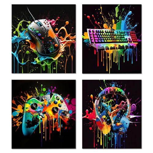 Komergave Gaming Posters Wall Art Set of 4, Neon Gaming Room Decor, Unframed Gamer Canvas Painting Prints Funny Wallpaper for Teen Boys Bedroom Game Room Playroom Home Decoration, 9.8"x7.8"