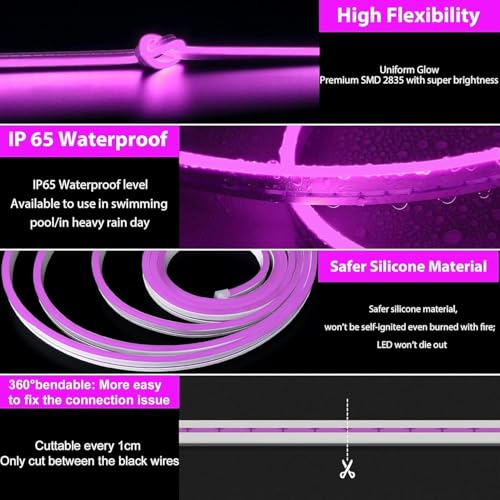 Image of 16.4 Feet Neon LED Strip Lights, with 12V Adapter, Waterproof IP65, Silicone Flexible Rope Light for Home Decor | Led Strip Lights | Neon Lights | Strip Lights | 5 Meter | (Purple)