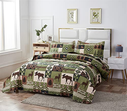 3 Piece Buffalo Plaid Dark Tea Green Moose Bear Reversible Quilt Set Twin,Rustic Home Lodge Cabin Lifestyle Moose Bear Pinetrees Bedspread Coverlet Bedding Set For All Season (Twin,Tea Green) #TOP13