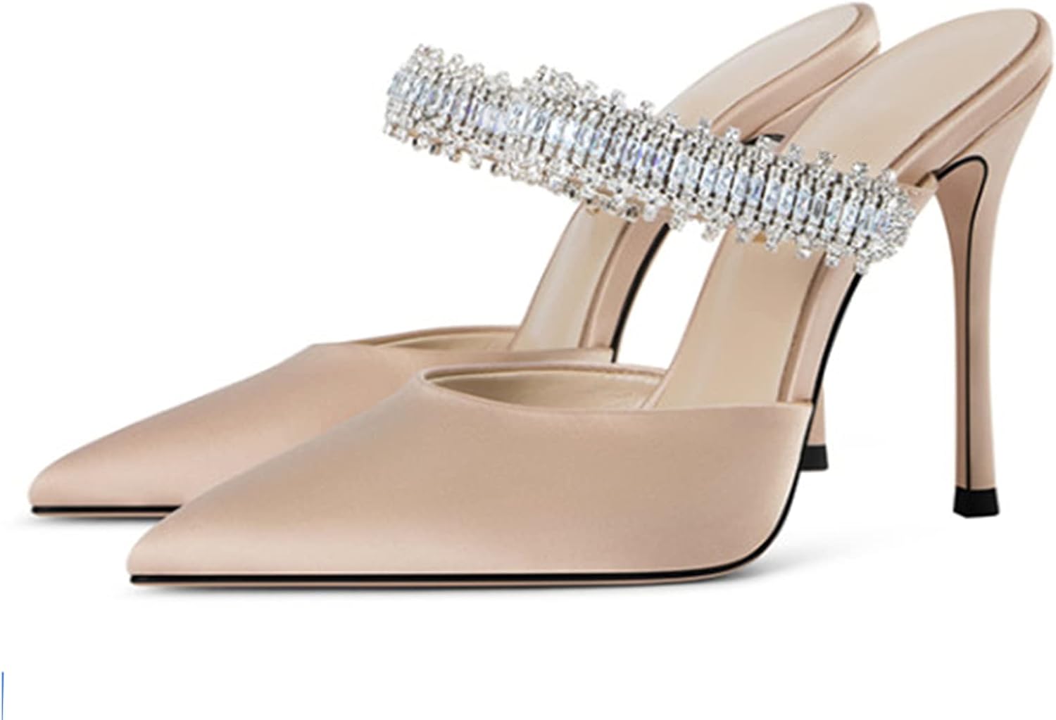BlingQueen Women Heeled Mules Rhinestone Embellished Strap Pointed Toe Mules Satin Stiletto High Heels Slip On Bridal Sandals for Women - Image 3
