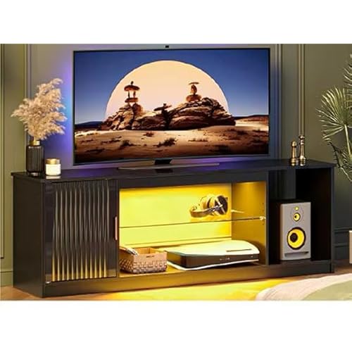 Bestier Fluted TV Stand for 65 Inch TV, Gaming LED Entertainment Center with Cabinet for PS5 Xbox, High Gloss TV Console for Living Room, Adjustable Glass Shelves, 57 Inch Bright Black