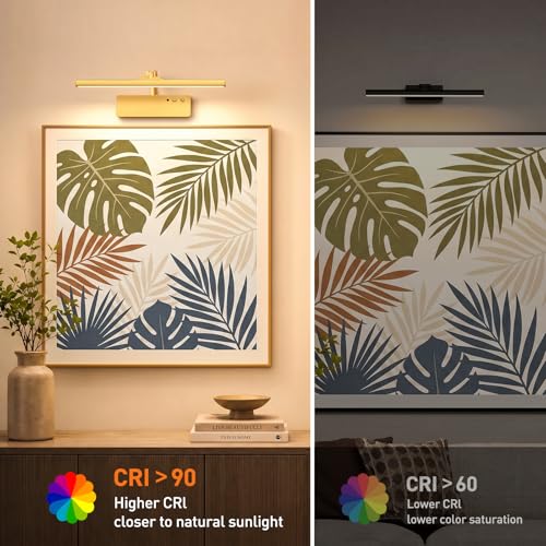 Picture Light, 15.35inch Wireless Picture Lights for Wall Rechargeable, 5400mAh Battery Wall Light with Remote, 3 Color Art Lighting for Paintings with Timer and Dimmable for Display, Gallery (Gold)