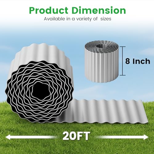 Bonviee 8” x 20’ Metal Landscape Edging Border Kit, Corrugated Garden Edging for Flower Bed, Lawn, Walkways, No Dig Paver Edging for Landscaping, Durable Garden Border Edging (Silver, 8In x 20Ft)