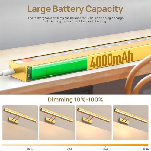Image of PESUTEN Picture Light Battery Operated, 16in Wireless Art Light for Paintings CCT Dimmable Recharging Battery Picture Light with Remote Control for Gallery Dartboard Art Bedroom Bathroom Gold