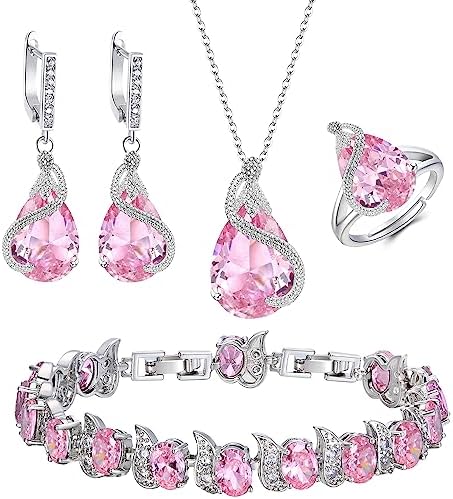 Ever Faith Teardrop Cubic Zirconia Jewelry Set for Bride Bridesmaid, Glamour Pendant Necklace Earrings Tennis Bracelet Open Ring Set for Women Valentines Day Jewellery Gifts